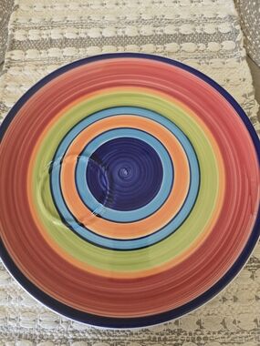 Cost Plus World Market White Ceramic Plate with Black Logo